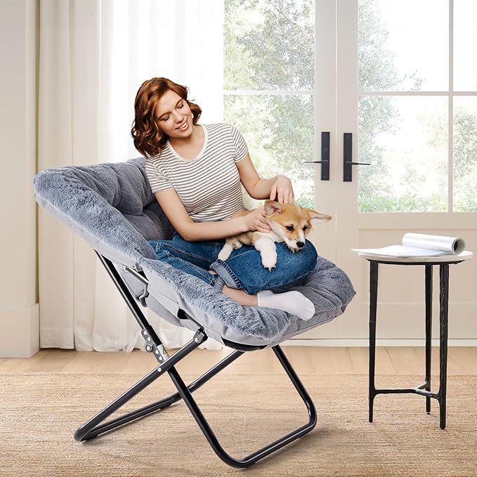 Foldable Saucer Chair with Soft Faux Fur Multi-Scene Lounge Chair for Living Room Bedroom Reading Chair for Adults &amp KidsMoon Chair (Gray)