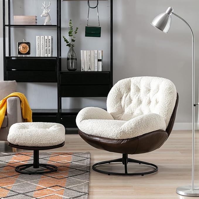 Modern Accent Chair with Ottoman Fluffy Faux Fur Upholstered Swivel Lounge Chair with footrest Comfy Tufted Armchair with Metal Heavy Duty Base for Living Room Bedroom Reading Chair White