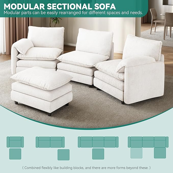 DWVO 108 Modular Sectional Sofa Modern L Shaped Couch with Movable Ottoman Pillow-Armrest Velvet 4 Deep Seat Cloud Couch for Living Room Beige