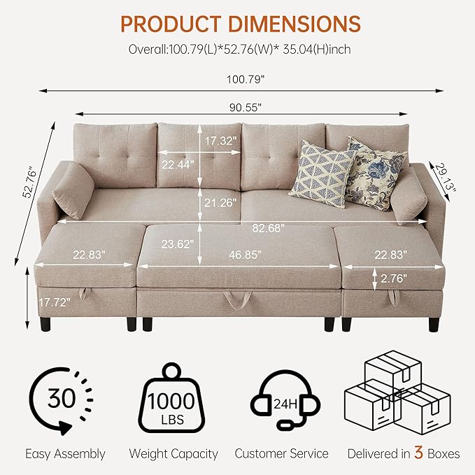 Convertible Sectional Sleeper Sofa with Storages 100 U Shaped 4 Seater Couch with 2 Movable Ottomans and 1 Ottoman Bench Polyester Fibre for Living Room Beige