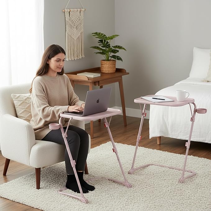 Homy Casa Adjustable Z Shaped Study Desk with Cup Holder Space Saving Portable Laptop Foldable Table for Home Office Living Room &amp Bedroom Sturdy Metal Frame &amp PP Top Black (2PCS-Pink)