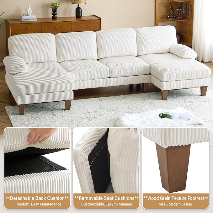 VINGLI 110' U Shaped Comfy Sectional Couch Double Chaise Sofa in Corduroy Fabric for Apartment 4-Seater Upholstered Couch with Memory Foam Modern Couches for Living Room Small Space Beige