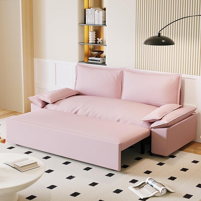 GNIXUU 73.2 Queen Pull Out Sofa Bed Velvet Convertible Sleeper Sofa Couch with 2 Soft Pillows Comfy Loveseat Bed Pull Out Couch for Living Room Apartment Small Space(Pink)
