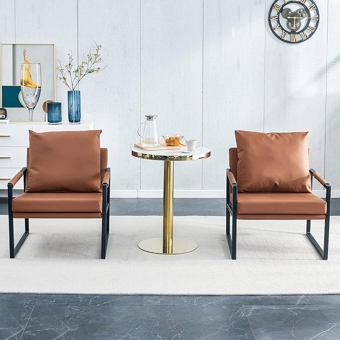 PU Leather Accent Arm Chair Mid Century Modern Upholstered Armchair with Metal Frame Extra Thick Padded Backrest and Seat Cushion Sofa Chairs for Living Room (Brown PU Leather Metal Frame Foam)