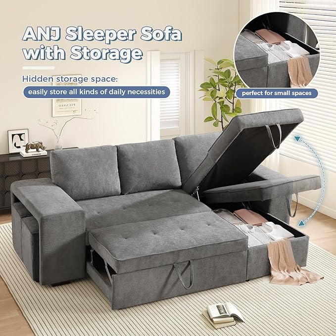 ANJ L Shaped Sectional Sleeper Sofa with Pull Out Bed and Storage 4-in-1 Convertible Couch with Hidden Ottoman and Arm Storage Easy Assembly Modular Sofa Bed for Living Room Grey