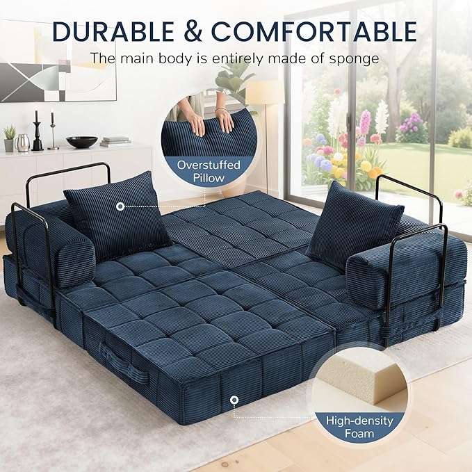6-in-1 Convertible Sleeper Sofa Bed Corduroy Folding Mattress Couch with Fixed-Shape Frame Modular Foldable Boneless Couch Loveseat Couches with 2 Pillows for Living Room Bedroom Orange