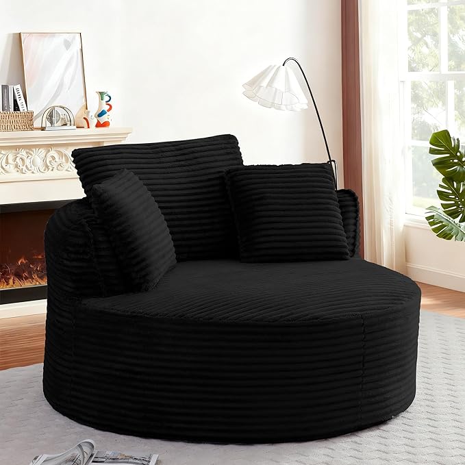 53W Oversized Round Chair Lounge Chaise Indoor Corduroy Comfy Circle Reading Armchair Upholstered Modern Cloud Boneless Chairs Cozy Floor Sofa Chair for Living Room Bedroom Apartment(Black)