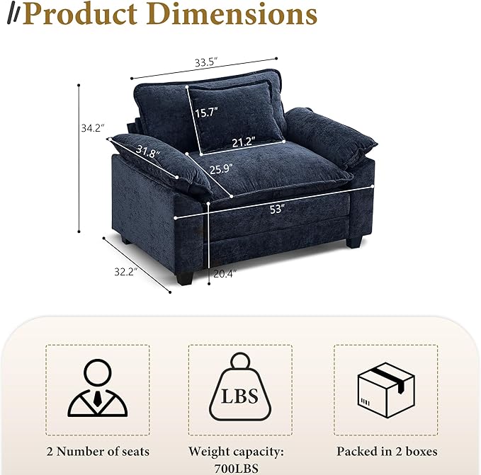 URRED Cloud Couch Accent Chair Oversized Chenille Armchair with Deep Wide Seat and Upholstered ArmrestsBlue – Modern Lounge Chair for Bedroom or Living Room