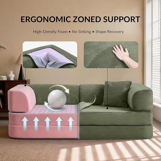 5-in-1 Convertible Sofa Bed Boneless Floor Couch Queen Size with Magic Pillow Blankets Zero-Assembly Sleeper Futon for Apartments Renters &amp Micro-Living Spaces Green
