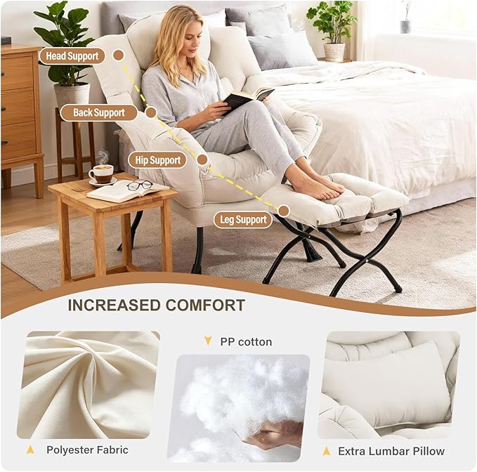 Lazy Chair with Ottoman Modern Accent Chair with Lumbar Pillow Beige Sofa Armchairs with Folding Footrest Oversized Supportive Chairs for Bedroom Reading