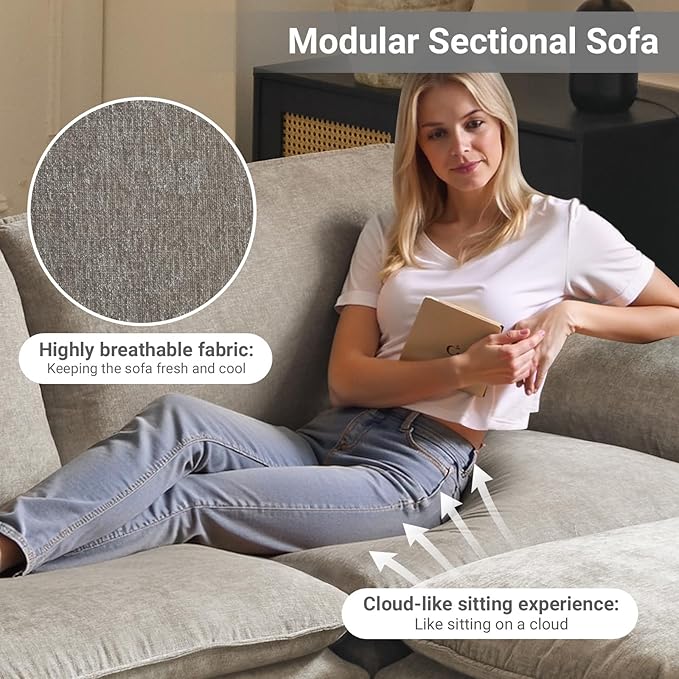 VINGLI 122 Cloud Double-Layer Deep Convertible Sectional Sofa Comfy L-Shape 3-Seat Couches for Living Room Modern Couch with Movable Ottoman for Small Space Light Grey Chenille