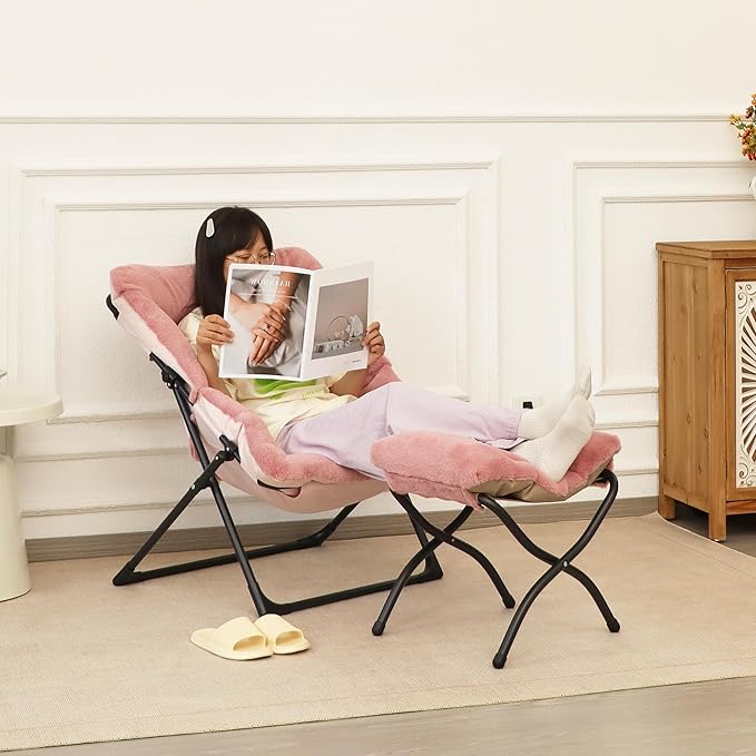Comfy Saucer Chair for Adults Soft Faux Fur Bedroom Chair with Ottoman Accent Dorm Chairs Living Room Reading Chairs and Footstool Folding Seat for Teens X-Large Dusky Pink