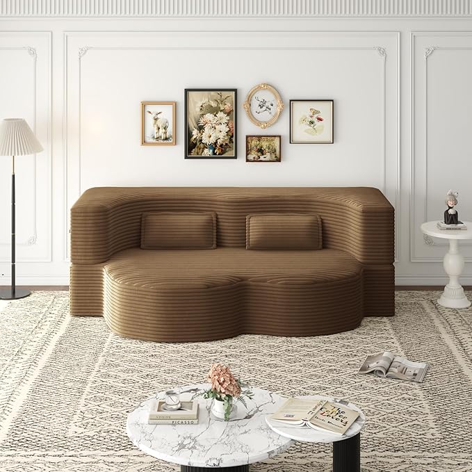 2 in 1 Convertible Folding Sofa Bed Plush Corduroy Lazy Lounge Sofabed Foam Folding Floor Sofa Bed 78 Full Size Memory Foam Couch for Living Room Guestroom No Assembly Required Sofabed (Camel)