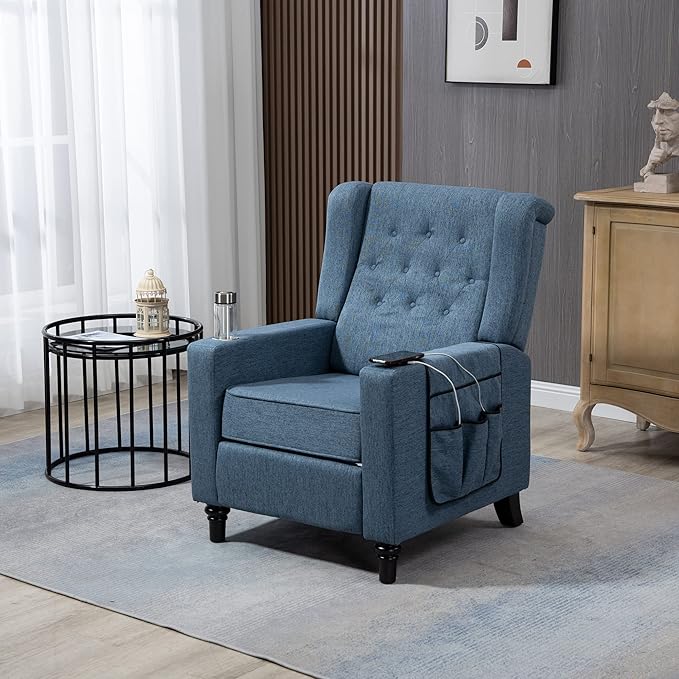 Arm Pushing Recliner Chair Modern Button Tufted Wingback Push Back Recliner Chair Living Room Chair Fabric Pushback Manual Single Reclining Sofa Home Theater Seating for BedroomNavy Blue