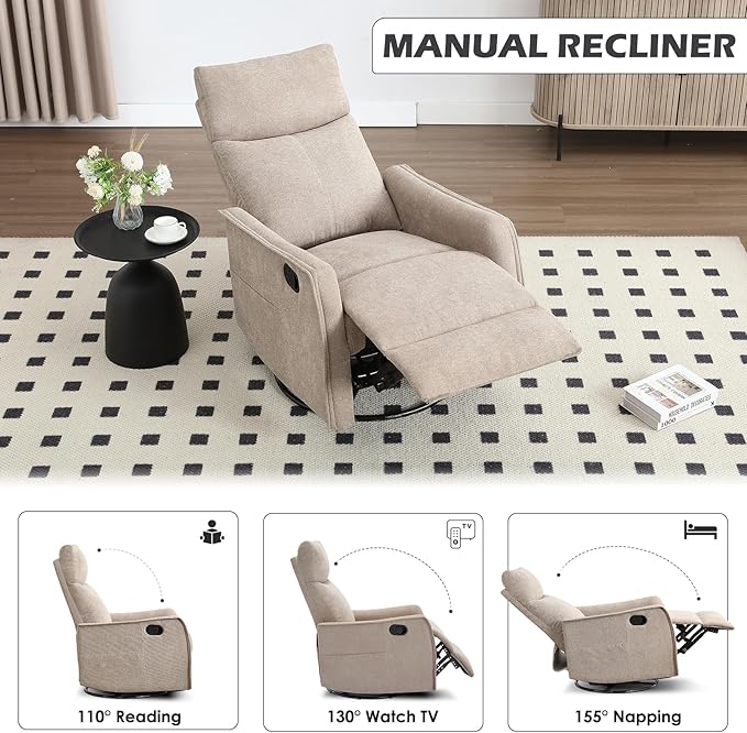 Swivel Rocker Recliner Chair 360° Swivel Recliner with Heat and Massage Rocker Recliner Nursery Glider Chair with Side Pockets for Living Room (Khaki Fabric)