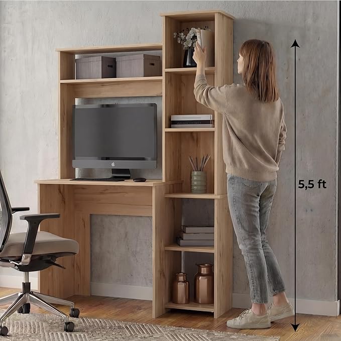 Tuhome Versalles Writing Desk with Two Superior Shelves Five Side Open Storage Compartments Space-Saving Modern Workstation Design for Studios and Offices Ideal for Organization Books