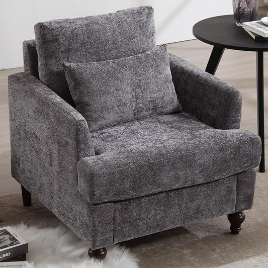 Oversized Accent Chair with Lumbar Pillow Upholstered Side Chairs for Living Room Bedroom Comfy Reading Chairs for Adults with Wide Seat Thick Cushion Soft Chenille (Grey)