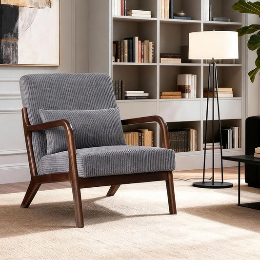 Accent Chair Comfy Arm Chair with Solid Wood Frame Upholstered Mid-Century Modern Chair for Living Room Bedroom Waiting Room Dark Grey