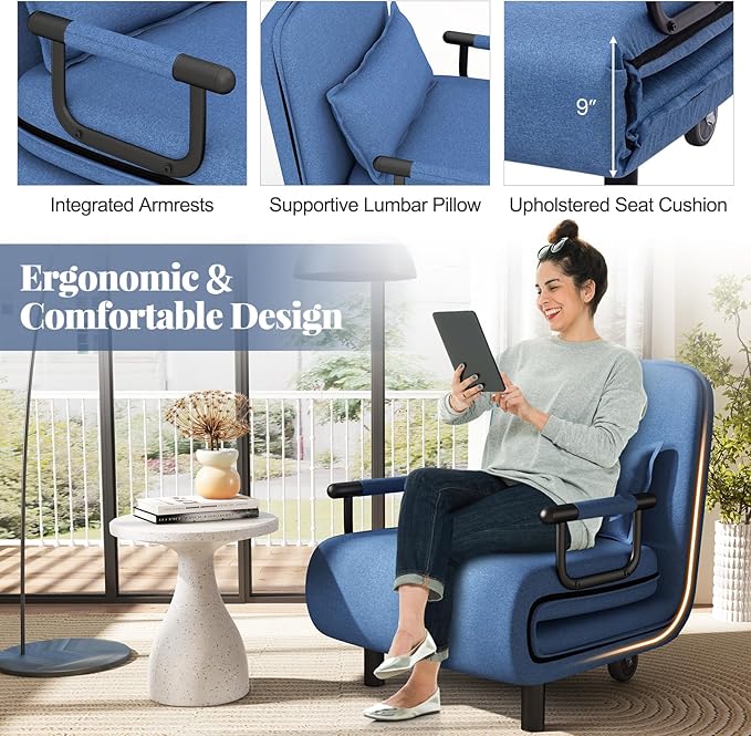Giantex Convertible Sofa Bed 3-in-1 Folding Sleeper Chair with 5-Position Adjustable Backrest Wheels 2 Legs Recliner Chaise Lounge with Pillow Armchairs for Nursery Living Room Office (Blue)