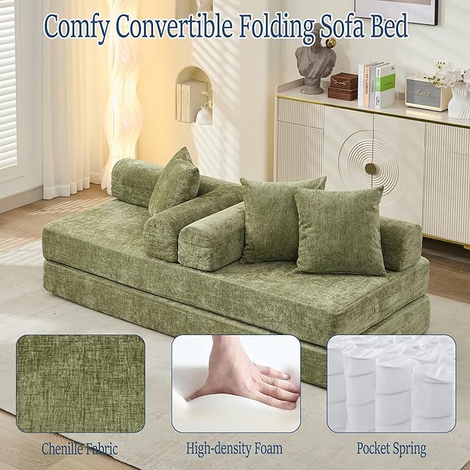 Convertible Folding Sofa Bed Modular Floor Couch 78.8‘’ Cloud Sleeper Sofa with Removable Backrest Chenille Foldable Mattress Couch Lazy Loveseat for Small Space Apartment Bedroom Green