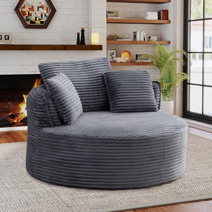 Antetek 53-inch Round Chaise Lounge Chair Indoor Modern Cloud Single Corduroy Couch with 3 Pillows Boneless Compressed Memory Foam Sofa Chair for Living Room Bedroom Apartment Grey