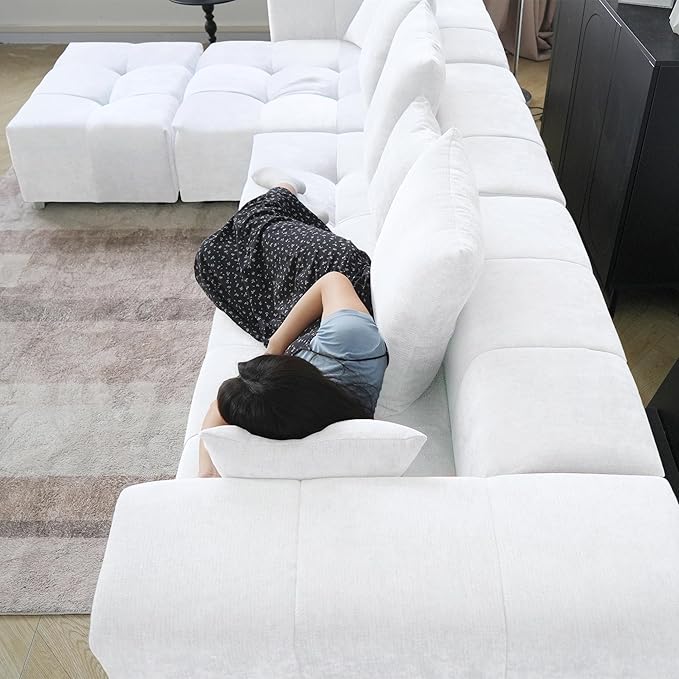 WJShome 119 Inch Cloud Couch Modular Sectional Sofa with OttomanLinen Deep Seat with Pillows Couches for Living Room Bedroom and ApartmentWhite