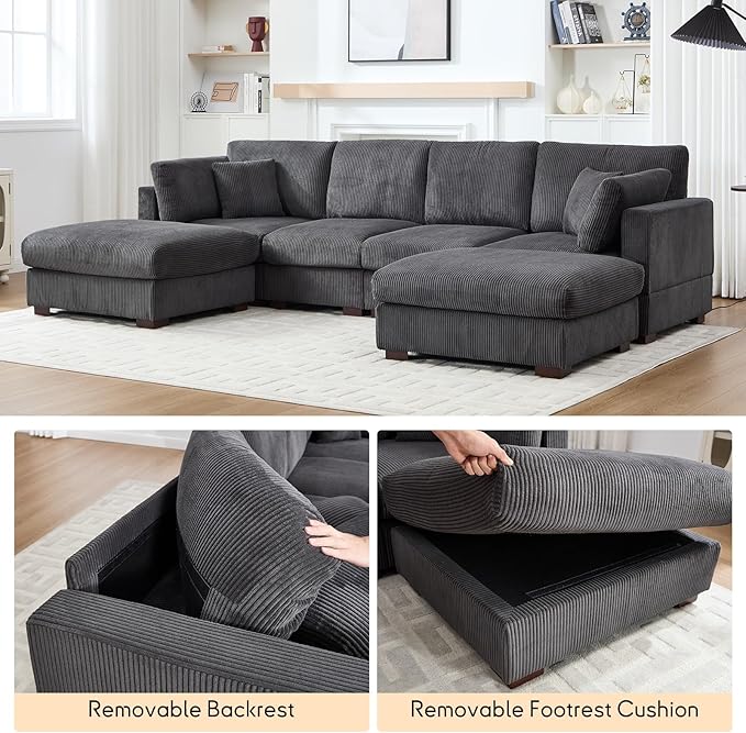Bonzy Home 120” Oversized Modular Sectional Sofa U Shaped Corduroy Convertible Couch with Movable Ottoman 4 Pillows and 25” Deep Seat Comfy Couches for Living Room Dark Grey