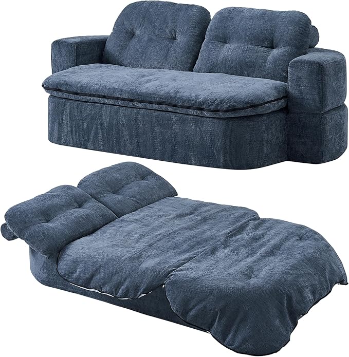 78.74 Convertible Sofa Bed Folding Loveseat Sleeper Sofa 2 in 1 Chenille Floor Couch Bed Foam Compressed Sofa with Pillows &amp Blanket for Living Room Apartment Studio Office (Dark Blue)