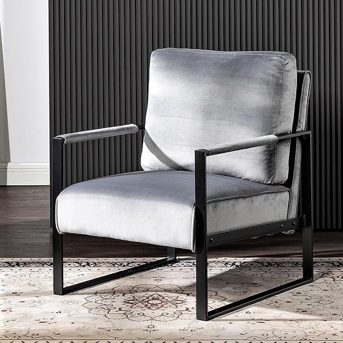 Modern Accent Chair for Living Room Bedroom Mid Century Arm Chair Velvet Office Accent Chair Reading Chair with Metal Frame for Balcony Lounge Grey