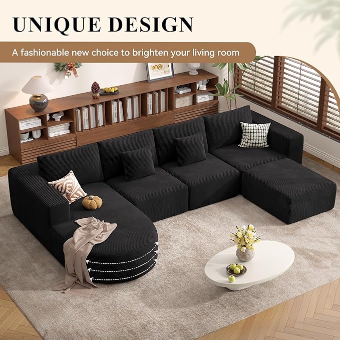 134 Boneless Couches for Living RoomLarge U-Shaped Modular Sectional Sofa with Convertible OttomanModern Cozy Cloud Couch in a BoxSponge Compression Deep Seat Sofas with ChaiseBlack1pcs