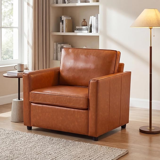 Faux Leather Armchair for Living Room Mid-Century Accent Chair with Deep Seat Cushion Upholstered Comfy Reading Chair Single Sofa Chair for Bedroom Apartment Office Caramel