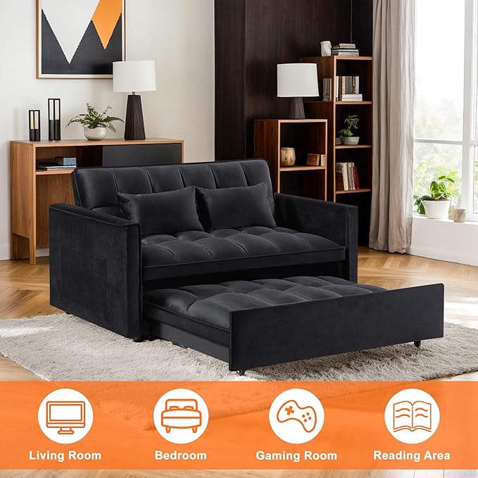Sleeper Sofa Couch with Pullout Bed 54'' Velvet Futon Loveseat Sofa 3-in-1 Convertible Love Seat Couch for Living Room Apartment Chair Bed Sleeper for Adults (Black)