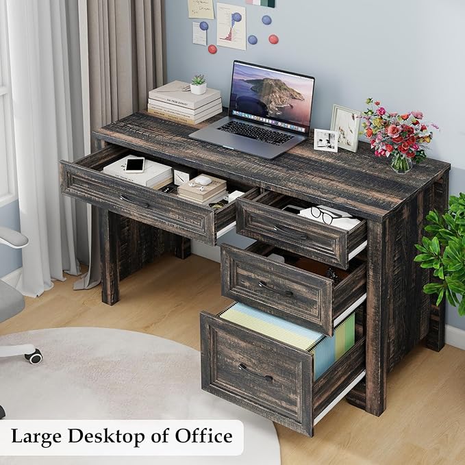 Farmhouse Executive Desk with Drawers Wood Computer Desk with Ample File Drawer Rustic Home Office Desk with Storage for Bedroom Living Room Dark Oak