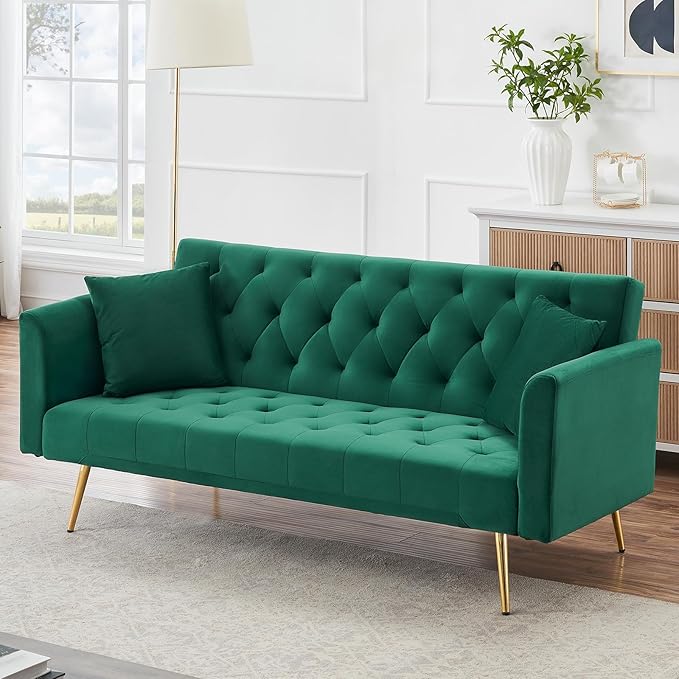 71 Modern Velvet Sofa Bed Futon Convertible Sleeper Couch with Adjustable Backrest Tufted Recliner Loveseat with Golden Chrome Legs &amp 2 Pillows for Small Spaces Living Room Apartment (Green)