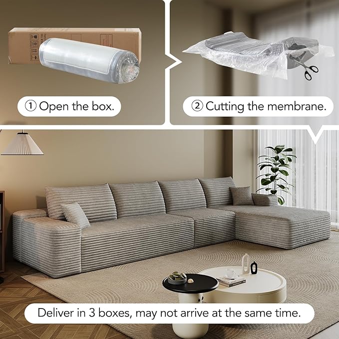 135.6 Boneless Sectional Couch Modern Modular L - Shape Corduroy Upholstered Sofa for Living Room - Deep Seat with Chaise (Grey 3 Seater+Right Facing Chaise)