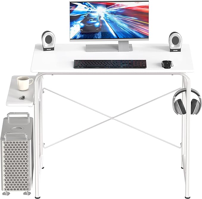 SHW Small Gaming Home Office Computer Desk with Shelf White
