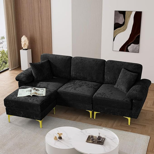 L Shaped Sectional Sofa Couch 91 Comfy Velvet Upholstered 3 Seat Sofa Set with Convertible Ottoman &amp 2 Pillows Modern Deep Seat Cloud Couch for Living Room Apartment Black