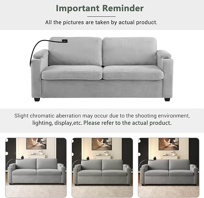 Merax 72.8 Corduroy Sleeper Sofa Bed with Full Size Mattress Futon Couches with USB Ports | Phone &amp Cup Holders| Side PocketsPull Out Couch for Living Room Small Loveseat Grey