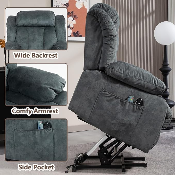 Power Lift Recliner Chair for Elderly Electric Recliner Chair with Massage and Heat Lift Recliner with Side Pocket &amp USB Charge Port for Living Room (Blue)