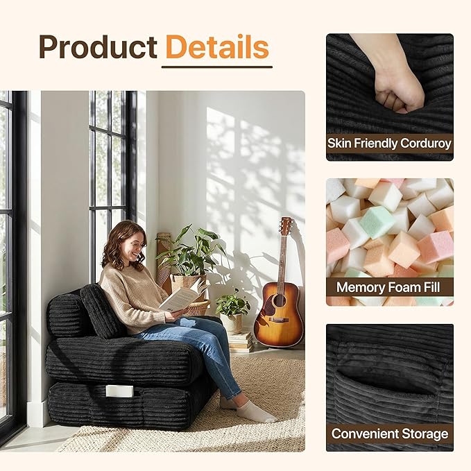 Claiks Folding Sofa Bed Boneless Chair with Pillow Sleeper Sofa with Back Support Sleeper Chair Portable Fold Out Chair Bed Comfy Foldable Mattress for Living Room Black Single