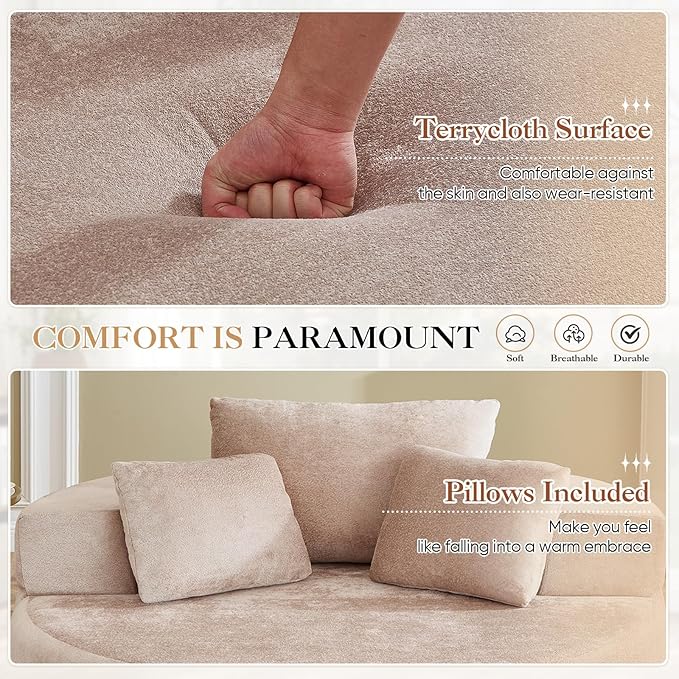Modern Round Accent Sofa Chair for Living Room Upholstered Soft Terrycloth Barrel Lounge Arm Chair with Large seat&ampThrow Pillows for Bedroom Office Apartment Camel