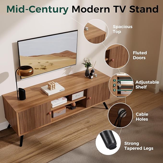 COMHOMA TV Stand for Living Room Mid Century Modern Entertainment Center for 55/60/65 Inch TVs Retro Brown TV Console with Fluted Door Cabinets and Open Adjustable Shelve Storage for Bedroom