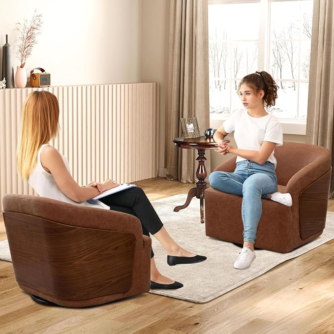 Swivel Accent Chair Faux Leather Swivel Barrel Chair Comfortable Mid Century Modern Chair Upholstered Metal Base Armchair for Living Room Bedroom Office Large Vintage Brown