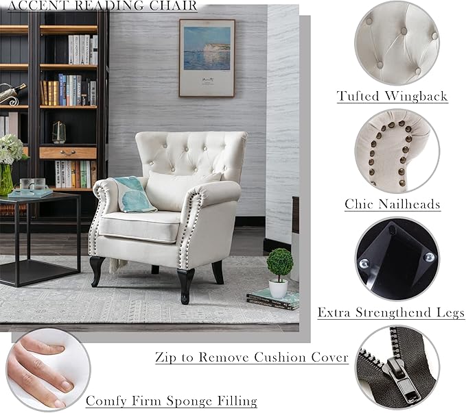 Mid Century Modern Accent Chair Upholstered Armchair Comfy Linen Fabric Single Sofa with Tufted Wingback for Small Spaces Bedroom Living Room Beige