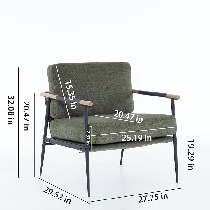 Upholstered Mid Century Lounge Chair Reading Armchair Chenille Fabric Modern Arm Chair with Metal e Accent Chair for Living Room Green