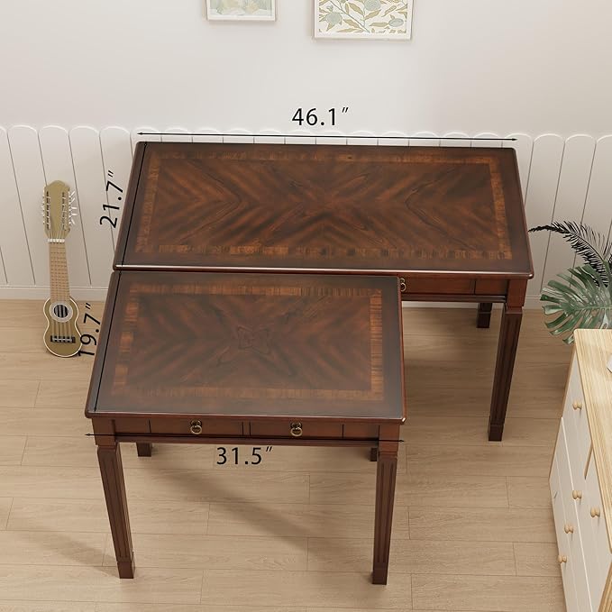Small Computer Desk With 2 Storage Drawers 31.5 Home Office Desks-  Elegant Wood Writing Desks with Carved Legs Classic Vanity Dressing Table For Small Space Easy Assembly Caramel Brown SSZ-D1258