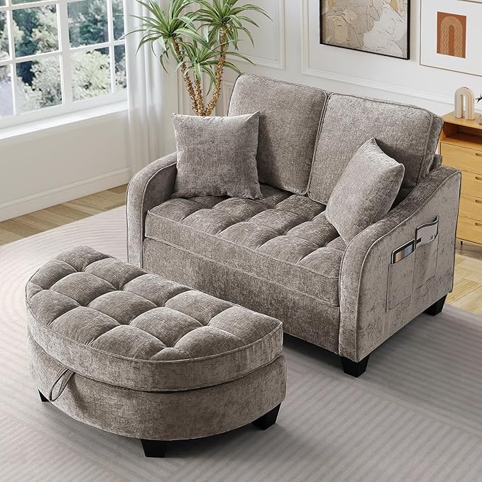 Oversized Chair and A Half Chenille Tufting Accent Cozy Reading Sofa Chair with Storage Ottoman Upholstered Loveseat Chaise Lounge Sofa with Adjustable Back for Living Room Office Sunroom Brown