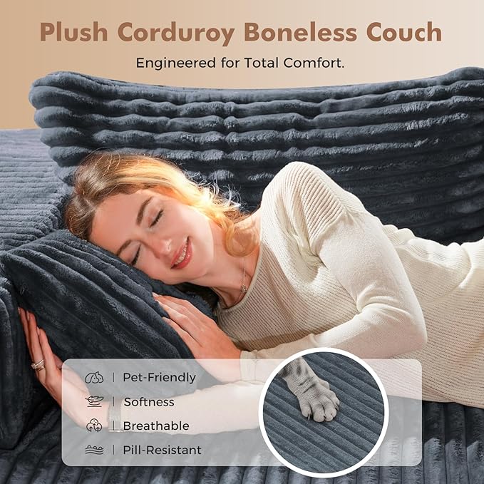 ELUCHANG Oversized 108” Boneless Couch Comfy Cloud Modular Sectional Sofa L-Shape Sofa with Chaise Memory Foam Upholstered Couch for Living Room Bedroom No Assembly Required Corduroy Blue