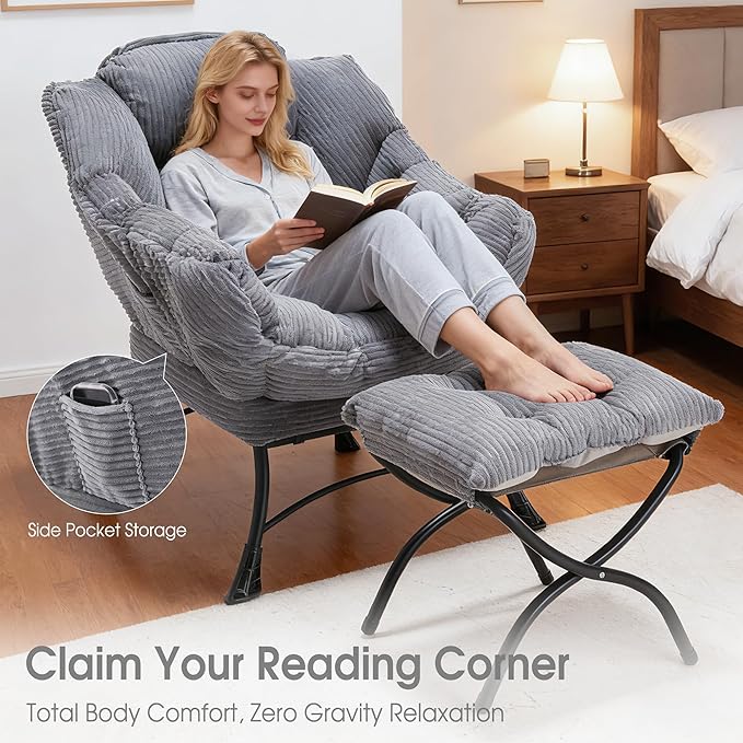 Lazy Chair with Ottoman Comfy Lounge Chair for Reading Relaxing and Napping Perfect for Living Room Bedroom or Office Grey