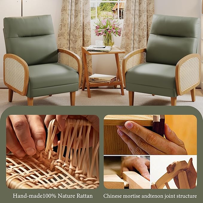 Andeworld Accent Chair Set of 2Upholstered Modern Living Room Chairs with Natural Rattan Arm Faux Leather Arm Chair with Wooden Legs for Bedroom Club Balcony Reception Green